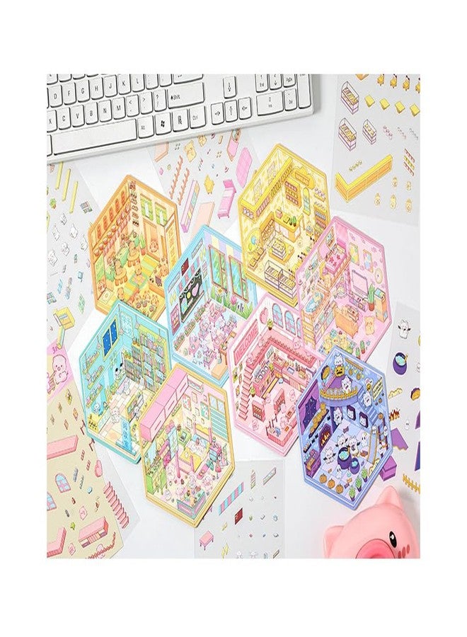 Palap DIY 3D House Stickers Pack of 4 with Tweezer - Cute Cartoon Scene Kits for Kids, Pig Restourant, Raccoon Noodle House, House Warm Bedroom, Rabbit Classroom - Image 1